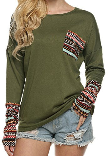 POGT Women Long Sleeve O-Neck Patchwork Casual Loose T-shirt Blouse Tops