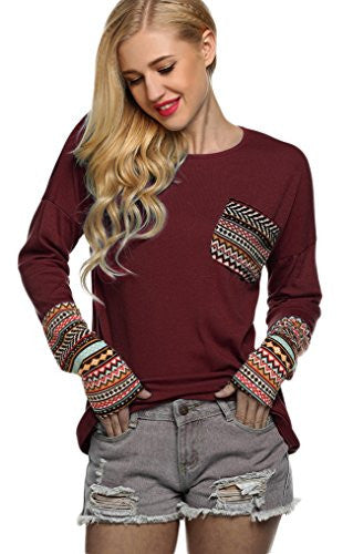 POGT Women Long Sleeve O-Neck Patchwork Casual Loose T-shirt Blouse Tops