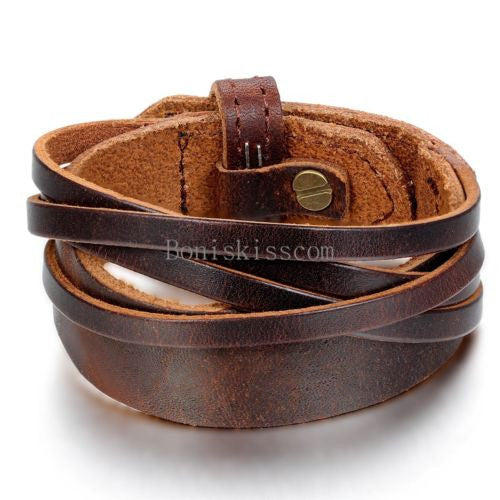 Punk Leather Wrap Cuff Bangle Bracelet Men's Women's Wristband  Unisex Jewelry