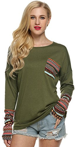 POGT Women Long Sleeve O-Neck Patchwork Casual Loose T-shirt Blouse Tops