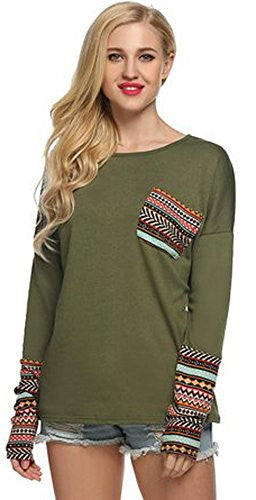 POGT Women Long Sleeve O-Neck Patchwork Casual Loose T-shirt Blouse Tops