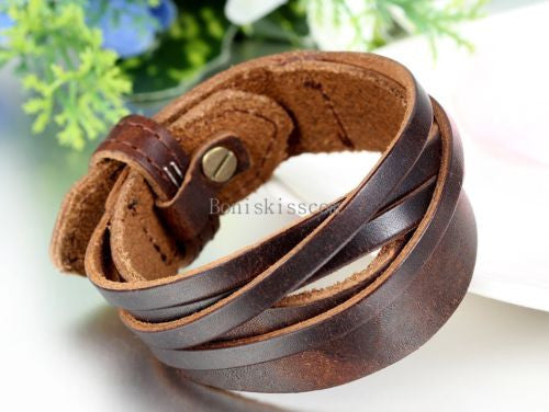 Punk Leather Wrap Cuff Bangle Bracelet Men's Women's Wristband  Unisex Jewelry