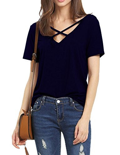 Haola Women's Summer Cross Front Tops Deep V Neck Casual Teen Girls Tees T Shirts