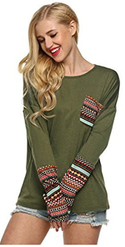 POGT Women Long Sleeve O-Neck Patchwork Casual Loose T-shirt Blouse Tops