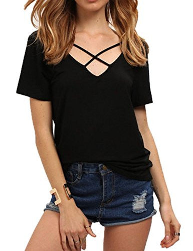 Haola Women's Summer Cross Front Tops Deep V Neck Casual Teen Girls Tees T Shirts