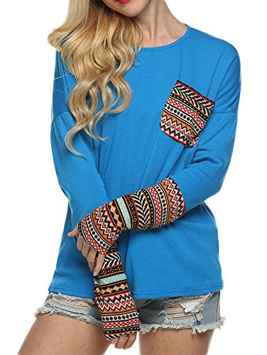 POGT Women Long Sleeve O-Neck Patchwork Casual Loose T-shirt Blouse Tops