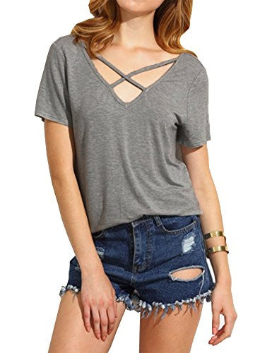 Haola Women's Summer Cross Front Tops Deep V Neck Casual Teen Girls Tees T Shirts