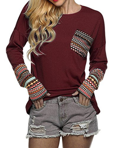 POGT Women Long Sleeve O-Neck Patchwork Casual Loose T-shirt Blouse Tops